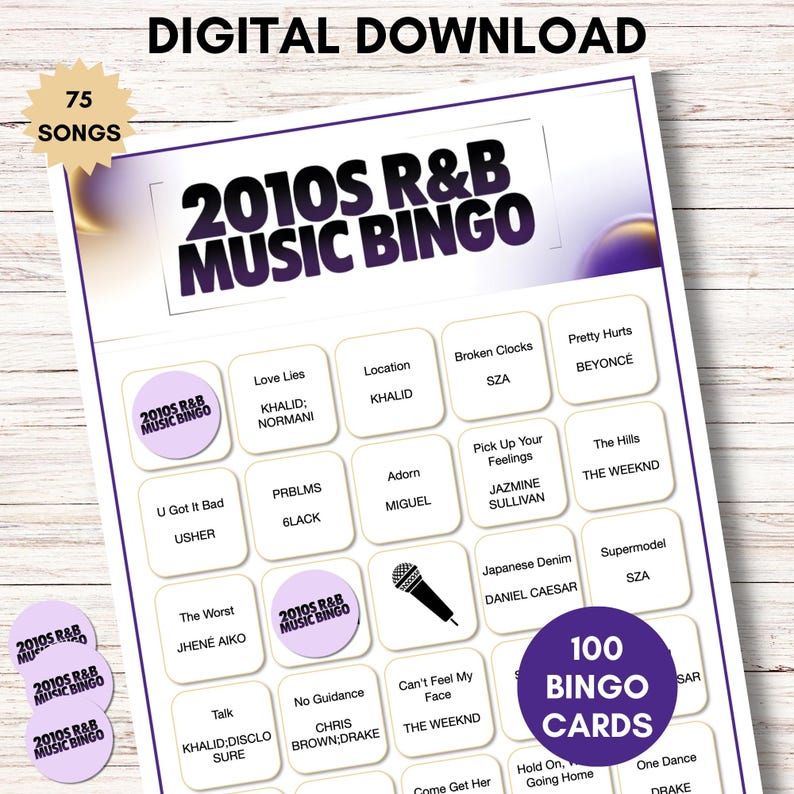 2010s R&B Music Bingo Game – Printable Party Game, 75 Songs 100 Cards