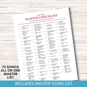 Puede incluir: Una lista de verificaci&oacute;n blanca titulada "Master Checklist" con 75 t&iacute;tulos de canciones, incluyendo "24K Magic", "Baby, I Love Your Way" y "Cheap Thrills". La lista est&aacute; en una hoja blanca con un encabezado rosa.