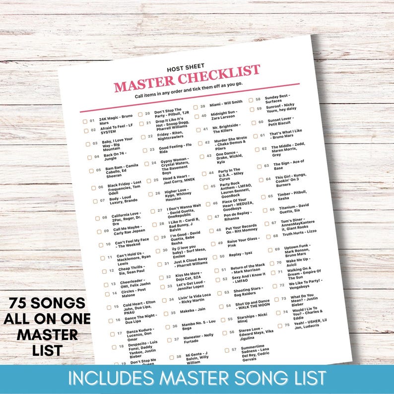 Puede incluir: Una lista de verificaci&oacute;n blanca titulada "Master Checklist" con 75 t&iacute;tulos de canciones, incluyendo "24K Magic", "Baby, I Love Your Way" y "Cheap Thrills". La lista est&aacute; en una hoja blanca con un encabezado rosa.