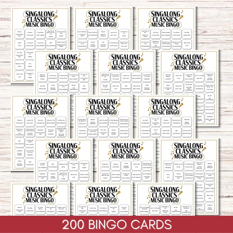 Singalong Classics Music Bingo, 75 Songs, 200 Cards, Printable Party Game, Instant Download
