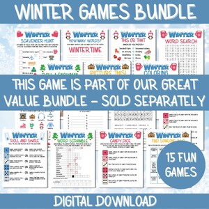 以下が含まれることがあります： 子供向けの冬をテーマにした15種類のデジタルダウンロードゲームのバンドル。ゲームには、宝探し、単語検索、単語スクランブル、絵合わせ、ロール＆シェア、キャンディーダイス、誰かに聞く、塗り絵などがあります。すべてのゲームは、ペンギンと冬のシーンで描かれています。