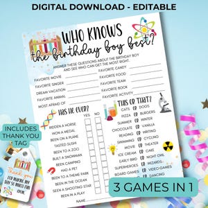 Science Party, Who Knows The Birthday Boy Best, Editable Printable Blue Birthday Game, Teens Tweens Birthday Party Games WKB