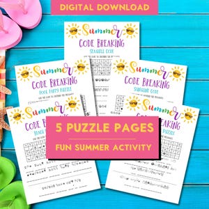Actividad de descifrado de códigos de verano, actividades imprimibles, fiesta en la piscina, diversión familiar, actividades de fin de curso.