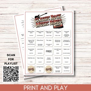 Classic Rock Music Bingo for Adults, Rock n Roll Game Night Printable