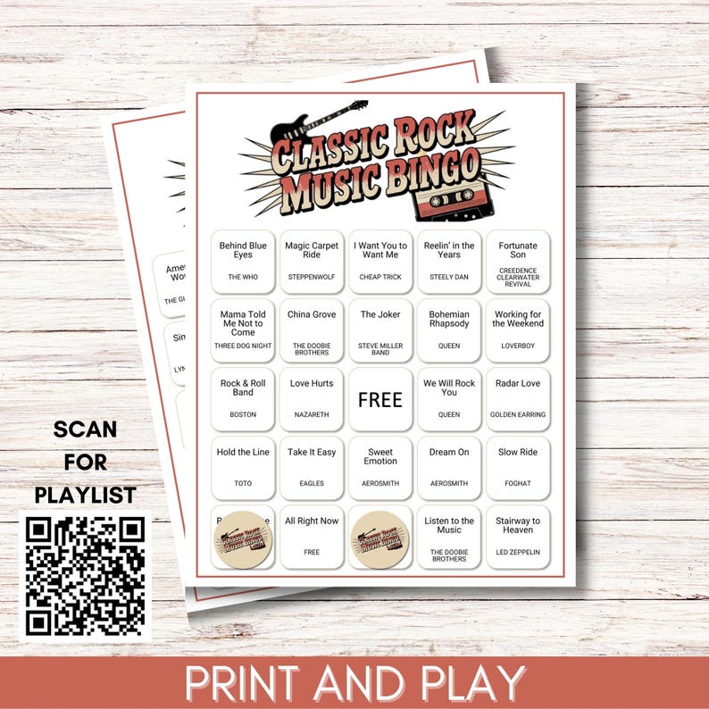 Classic Rock Music Bingo for Adults, Rock n Roll Game Night Printable