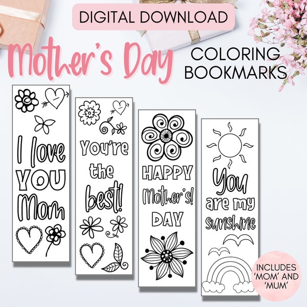 Mother's Day Printable Coloring Bookmarks, DIY Mother's Day Gift For Mom, Present From Kids, Unique Gift For Mom, Instant Download MD001
