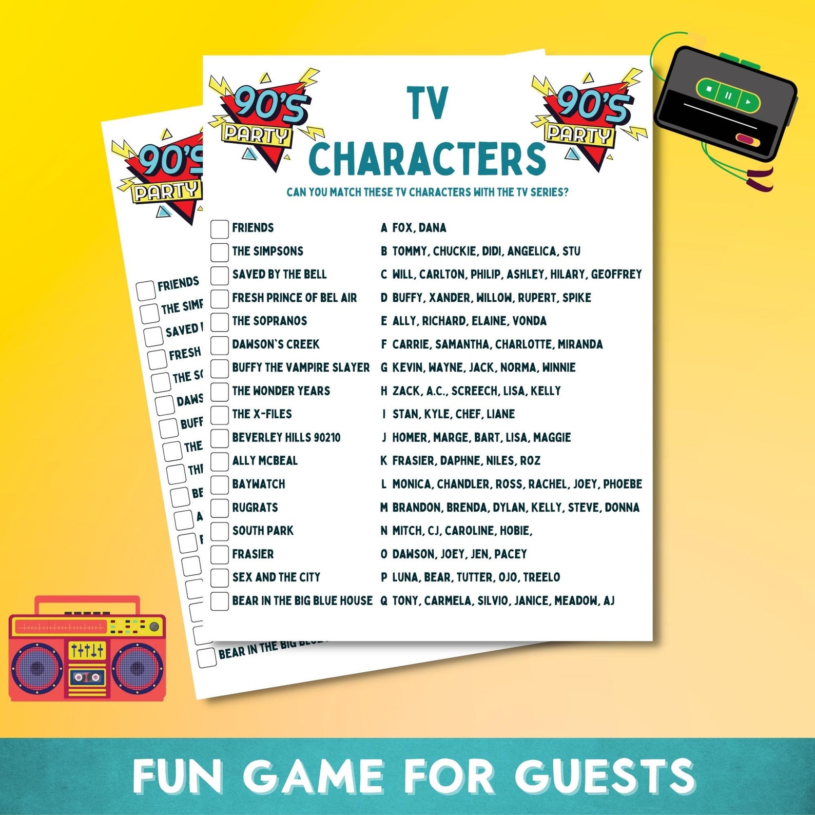Printable 90's Themed TV Characters Quiz Party Game Ice Etsy