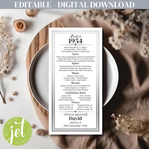 Tarjetas de mesa para el 71.° cumpleaños, diseño plateado de 1954, editables e imprimibles, tarjetas de mesa personalizables para celebraciones y cenas