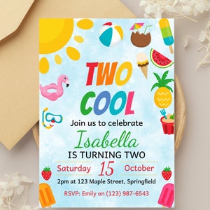 Two Cool Invitation, Two Cool Printable, 2nd Birthday Party Invite, Digital Editable Instant Download, Pool Party, Digital Invite, Evite