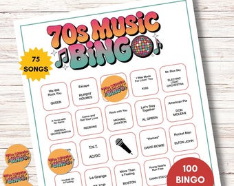 Gra w bingo z muzyką lat 70. – 100 kart do wydrukowania – Zabawna aktywność na imprezę z playlistą Spotify – Natychmiastowe pobieranie na imprezy w stylu retro