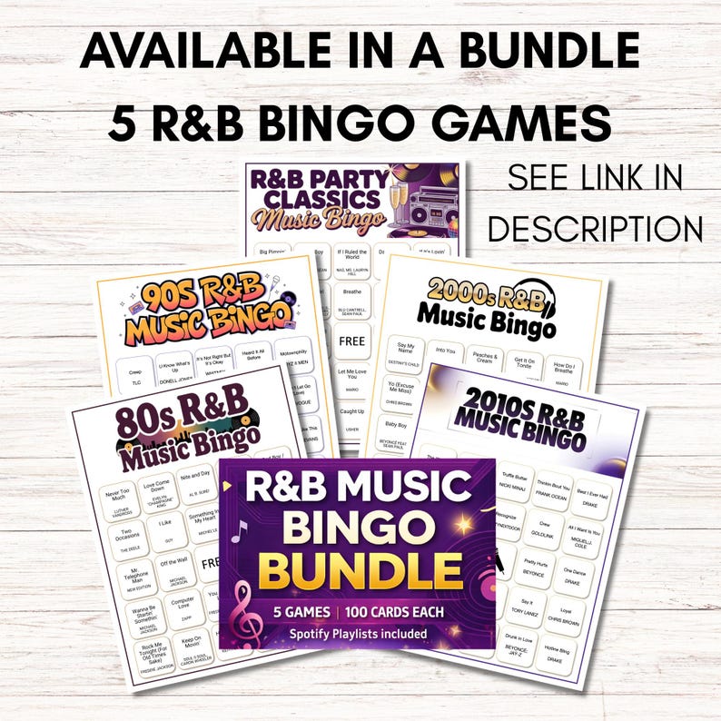May include: A bundle of five R&B Music Bingo games. Each game card features a different decade of R&B music, including the 80s, 90s, 2000s, and 2010s. The bundle includes 100 cards each and Spotify playlists. The text "Available in a Bundle" is at the top.