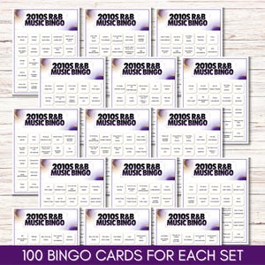 May include: A collection of 2010s R&B Music Bingo cards. Each card features a grid of song titles and artist names. The cards have a purple and gold design, with the text "2010s R&B MUSIC BINGO" at the top. The bottom text reads "100 BINGO CARDS FOR EACH SET."