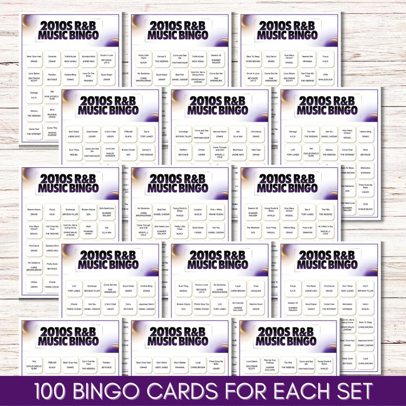 May include: A collection of 2010s R&B Music Bingo cards. Each card features a grid of song titles and artist names. The cards have a purple and gold design, with the text "2010s R&B MUSIC BINGO" at the top. The bottom text reads "100 BINGO CARDS FOR EACH SET."