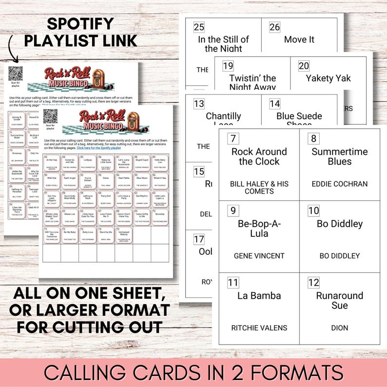 1950s & 60s Rock 'n' Roll Music Bingo Game – Printable Retro Party Game – 100 Unique Cards – Instant Download – Rock and Roll Bingo