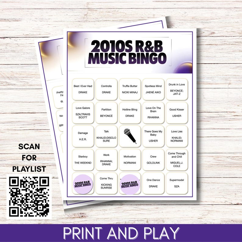2010s R&B Music Bingo Game – Printable Party Game, 75 Songs 100 Cards
