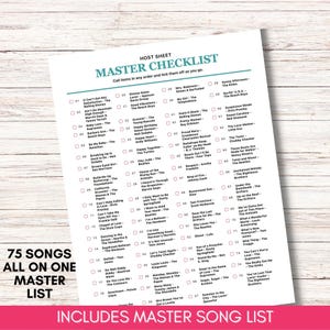 May include: A white paper host sheet titled MASTER CHECKLIST with a numbered list of 75 songs and artists. The document includes checkboxes for tracking items and features the text 75 SONGS ALL ON ONE MASTER LIST and INCLUDES MASTER SONG LIST.