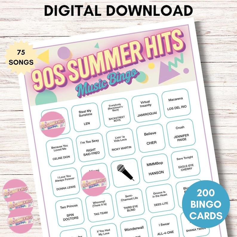 90s Summer Hits Music Bingo – 200 Cards, Printable Game with Spotify Playlist (Digital Download)