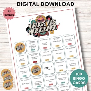 Peut inclure: Téléchargement numérique d'un jeu de Bingo Vintage Hits Music. La carte de bingo présente des titres de chansons des années 1950, 1960 et 1970. Le jeu comprend 75 chansons et 100 cartes de bingo. Le design comprend un juke-box et des notes de musique.