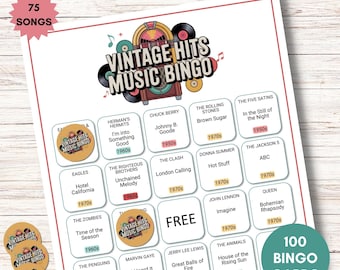 Bingo Musical Clássico dos Anos 50, 60 e 70 - Jogo de Festa Imprimível com Lista de Reprodução, 100 Cartelas Exclusivas, Diversão Retrô com Músicas