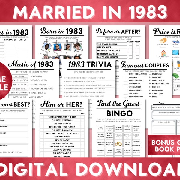 41st Wedding Anniversary Party Games, Married in 1983, Ruby Wedding Printable 10 Game Bundle, Instant Download, Bingo, Guest Book