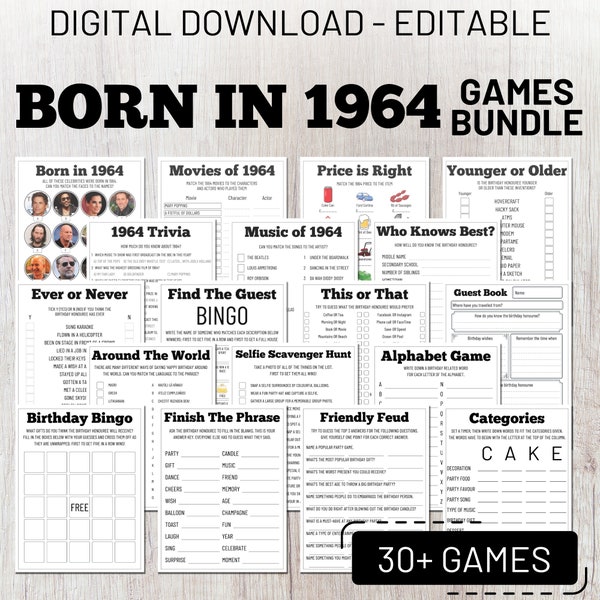 60th Birthday Games Bundle, Born In 1964 Games, Party Games, 1964 Trivia, 30+ Game Bundle