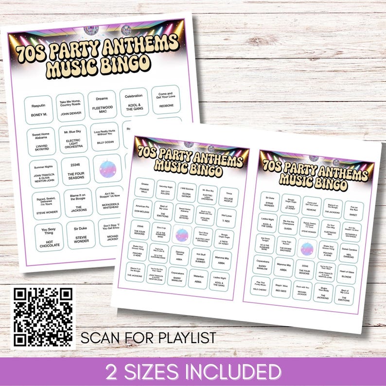 70s Party Anthems Music Bingo, 75 Songs, 200 Cards, Printable Retro Party Game