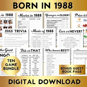 37th Birthday Party Games, Born in 1988, Printable 10 Game Bundle, Instant Download, Editable, Personalize, Music, Trivia, Guest Book BP001