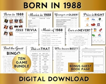 Juegos de fiesta de cumpleaños número 36, nacidos en 1988, paquete de juegos imprimible editable, descarga instantánea, precio correcto, música, trivia, libro de visitas BP001