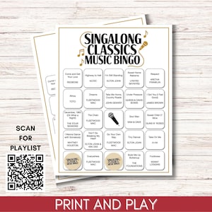 Singalong Classics Music Bingo, 75 Songs, 200 Cards, Printable Party Game, Instant Download