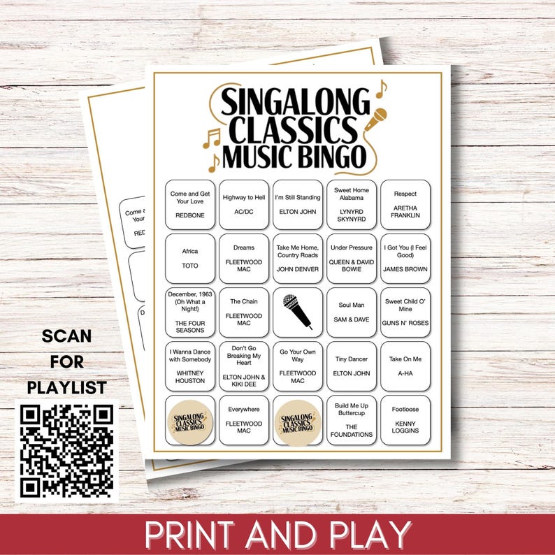 Singalong Classics Music Bingo, 75 Songs, 200 Cards, Printable Party Game, Instant Download