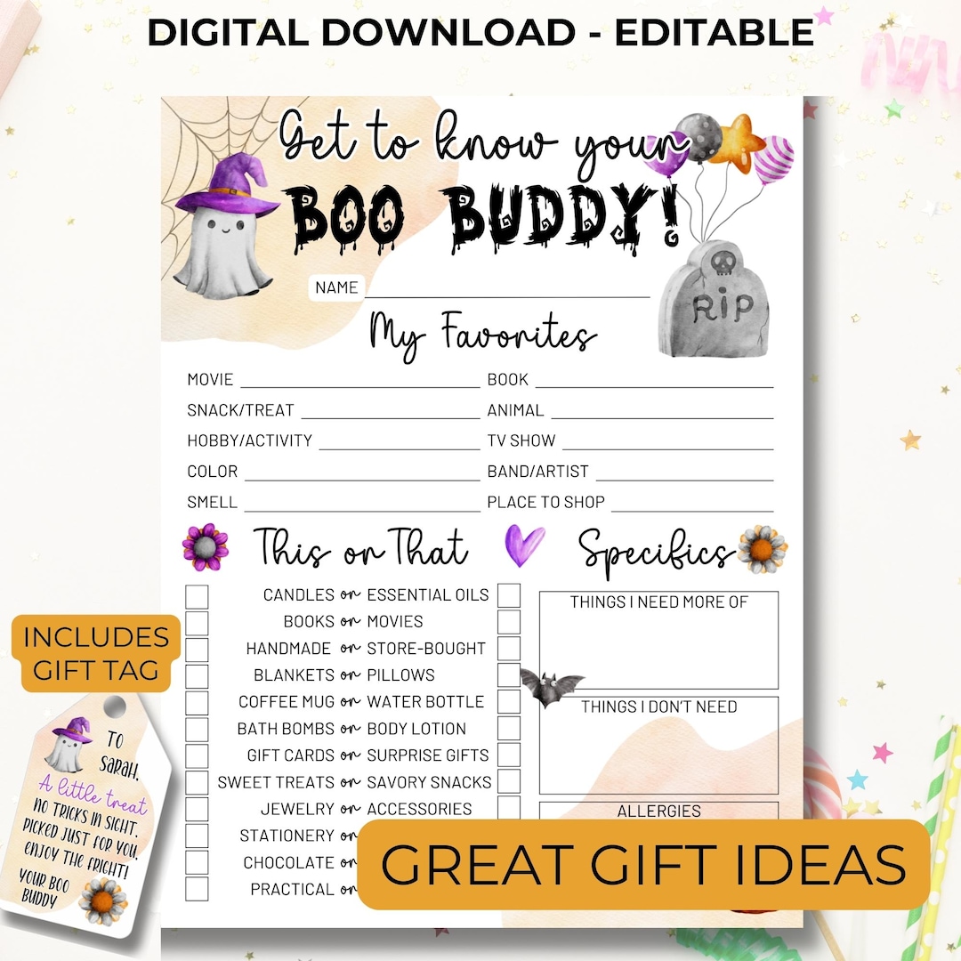 Halloween Questionnaire, Editable Boo Buddy Printable, Boo Basket Gift