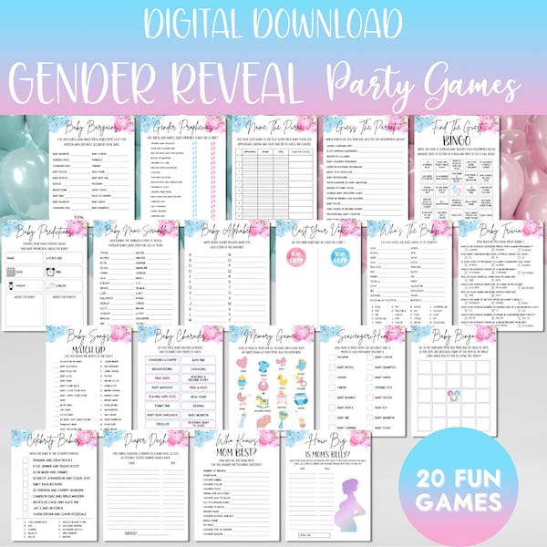 Gender Reveal Games Bundle, Blau Pink Gender Reveal, Partyspiele, Sofortiger Download, Gender Reveal Games Pack, Gender Reveal zum Ausdrucken