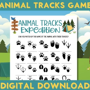 Gra wyprawowa Animal Tracks, gra kempingowa do druku, obóz letni, rodzinna zabawa, zajęcia na koniec szkoły