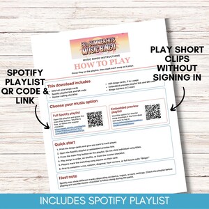 May include: A white sheet of paper with the title "80s Summer Hits Music Bingo" and instructions. Includes a Spotify playlist QR code and link, plus instructions on how to play. The document also includes a "Quick Start" guide.
