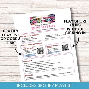 Peut inclure: Une feuille blanche avec le titre "90s Party Anthems Music Bingo" et des instructions. Comprend un code QR et un lien vers une playlist Spotify, ainsi que des instructions pour jouer. Le texte mentionne &eacute;galement des cartes et des marqueurs de bingo.