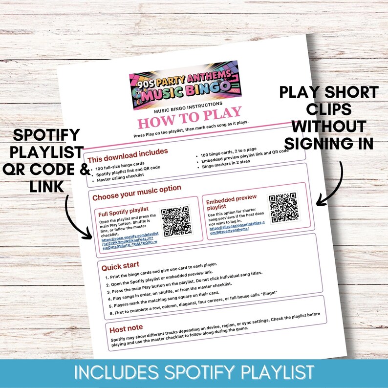 Peut inclure: Une feuille blanche avec le titre "90s Party Anthems Music Bingo" et des instructions. Comprend un code QR et un lien vers une playlist Spotify, ainsi que des instructions pour jouer. Le texte mentionne &eacute;galement des cartes et des marqueurs de bingo.