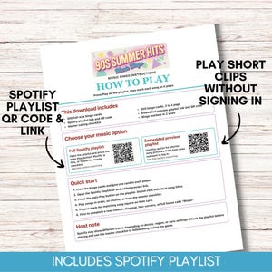 May include: A white paper with instructions for a 90s Summer Hits Music Bingo game. The document includes a Spotify playlist QR code, instructions on how to play, and options for full or embedded preview playlists. Text includes "Play Short Clips Without Signing In."