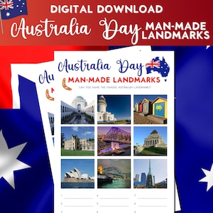 Puede incluir: Una hoja de actividades imprimible para el Día de Australia con nueve imágenes de famosos monumentos australianos. La hoja incluye un título, "Día de Australia Monumentos hechos por el hombre", y una pregunta, "¿Puedes nombrar los famosos monumentos australianos?" Las imágenes incluyen la Ópera de Sídney, el Puente del Puerto de Sídney, el Melbourne Cricket Ground, y más.