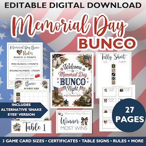 Memorial Day-kamouflage Bunco-spelpaket, utskrivbart spel med stjärnor och ränder (digital nedladdning)