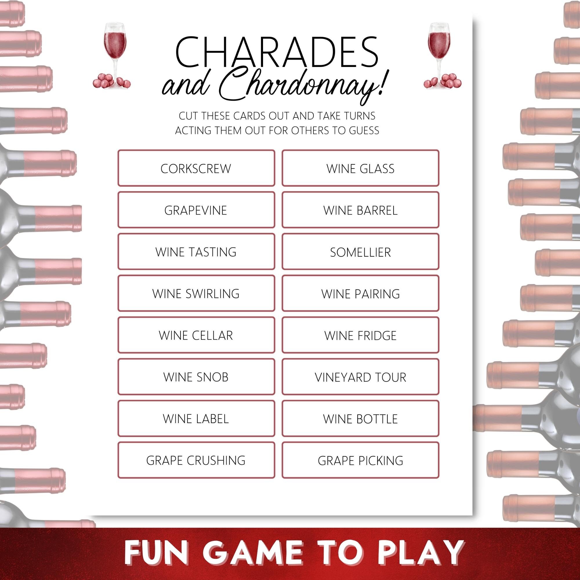 Wine Party Charades Game, Printable Game, Bachelorette Party, Bridal