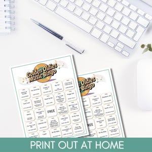 May include: Two printable bingo cards with a retro design featuring a record player and musical notes. The cards are titled "Golden Oldies Music Bingo" and "Golden Oldies Bingo". Each card has a free space and 24 squares with song titles from the 1950s and 1960s.