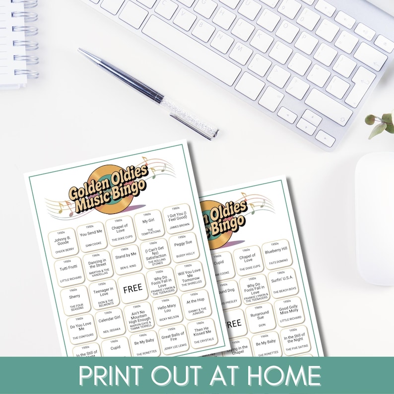 May include: Two printable bingo cards with a retro design featuring a record player and musical notes. The cards are titled "Golden Oldies Music Bingo" and "Golden Oldies Bingo". Each card has a free space and 24 squares with song titles from the 1950s and 1960s.
