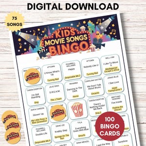 Kids Movie Music Bingo – Animated Songs Game, 100 Unique Cards Printable PDF