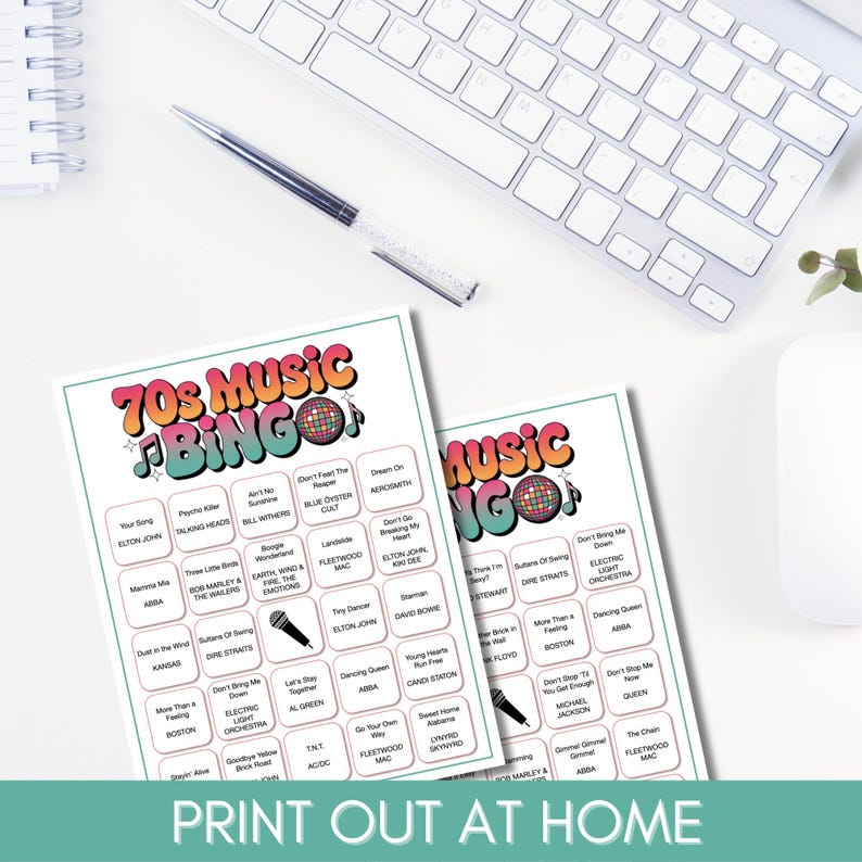 70s Music Bingo Game – 200 Printable Cards – Fun Party Activity with Spotify Playlist – Instant Download for Retro Themed Events