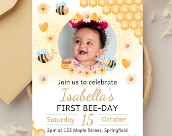 Invitación para el primer cumpleaños de una abeja, invitación con foto para el primer día de las abejas, descarga instantánea, invitación para el primer cumpleaños de una abeja, invitación para el primer día de las abejas