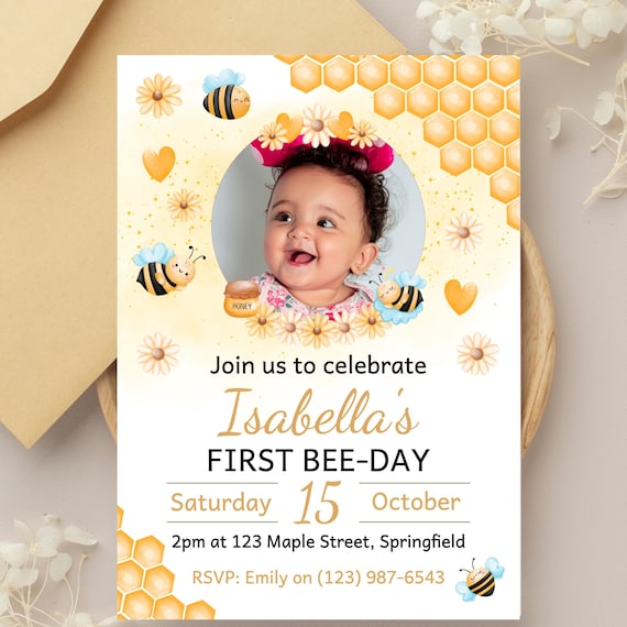 First Birthday Bee Invitation, 1st Bee-Day Invite With Photo, Instant Download, First Bee-Day Birthday Invitation, First Bee Day Invite,