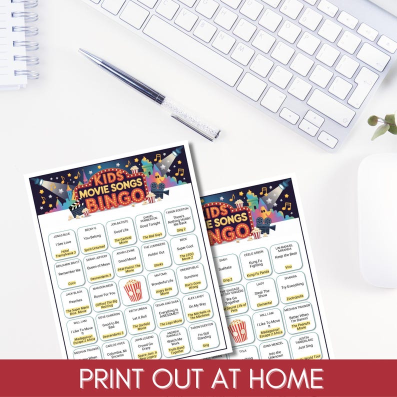 Kids Movie Music Bingo – Animated Songs Game, 100 Unique Cards Printable PDF