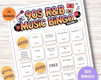Bingo musical de R&B de los 90, volumen 2, juego imprimible de fiesta retro de los 90, descarga instantánea