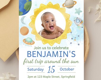 Erste Reise um die Sonne einladen, Astronaut Geburtstag Printable, Sofort Download, Sun Thema Party, 1.Geburtstagseinladung