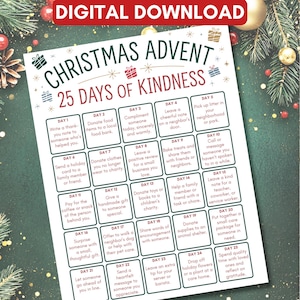 25 Days of Kindness Calendar, Printable Christmas Advent Calendar, Editable Acts of Kindness Activities, Family Activities for December
